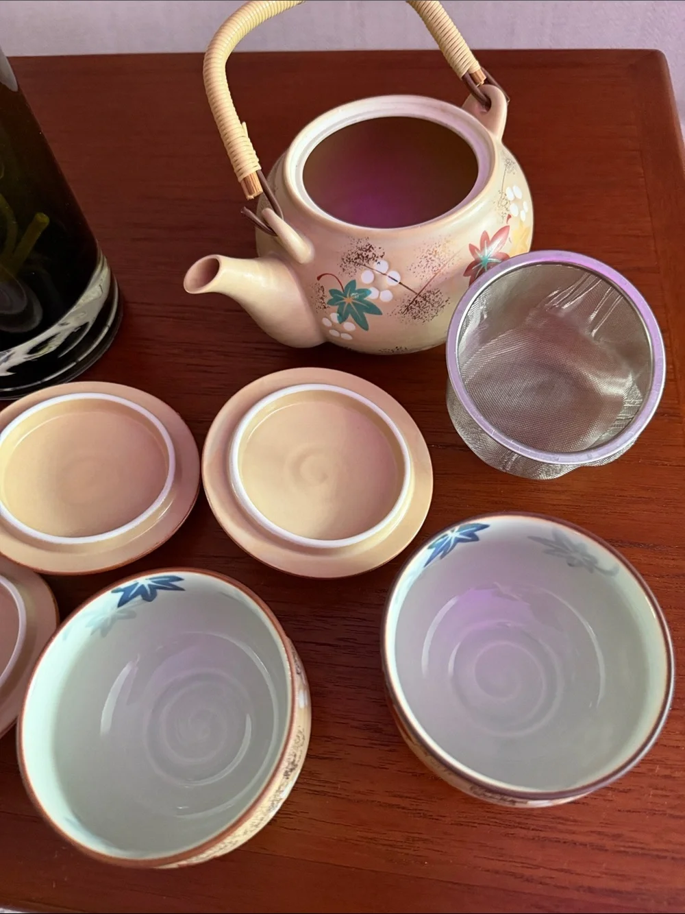 Cream Ceramic Teapot and Lidded Bowls Set with Floral Accents